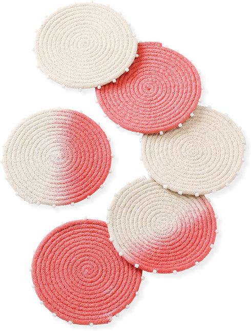 Folkulture Boho Coasters for Drinks - Set of 6 Woven Absorbent Coasters for Coffee Table, Dining Table or Office Desk - Red Cranberry...