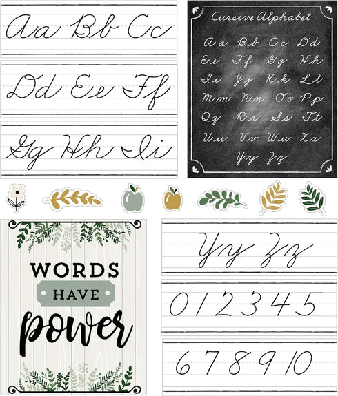 Carson Dellosa 39-Piece Farmhouse Cursive Alphabet and Number Line Bulletin Board Set, Cursive Alphabet Wall Strip and Number Line, Cursive Classr...