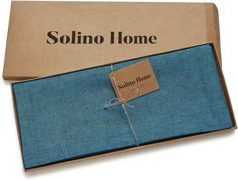 Solino Home Linen Table Runner 72 Inches Long - Athena, 100% Pure Linen Chambray Teal Dining Table Runner 14 x 72 Inch for Fall - Handcrafted and ...