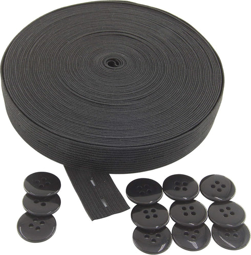 Flat Sewing Band Spool with Buttonholes, Elastic Stretchable, Ideal for DIY Waistbands and Necklines (Black, 3/4 inch × 12 Yards)...