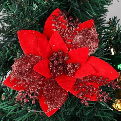 RECUTMS 10 PCS Red Glitter Poinsettia Flowers Christmas Tree Ornaments Fake Christmas Flowers Artificial Christmas Flowers Decorations Wedding Xma...