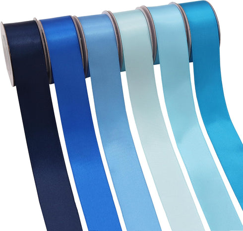 Double Face Blue Satin Ribbon for Gift Wrapping Wedding Gift Ribbon Baby Shower Boy 6 Colors Satin Ribbon 1" X 5 Yard Each Total 30 Yds Per Packag...