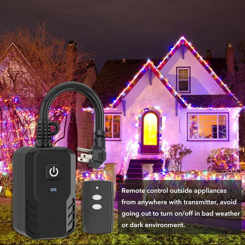 BN-LINK Outdoor Remote Control Outlet Plug Black,Indoor Wireless Outlet Switch Weatherproof Heavy Duty 15A 3-Prong Outlet 6-inch Cord 100Ft Range ...