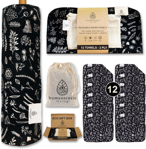 | REusable Paper Towels with Wash Bag | Charcoal Black 12 x Washable Eco Friendly Paperless Paper Towels Napkins Cloth Kitchen Washable Reusable P...