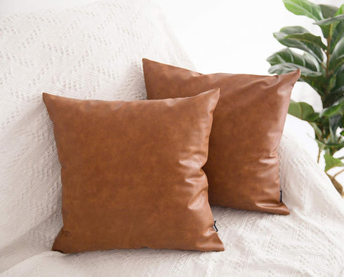 Faux Leather Throw Pillow Covers 16x16 inch, Set of 2 Thick Cognac Brown Modern Boho Farmhouse Decor Small Square Decorative Bedroom Living Room C...