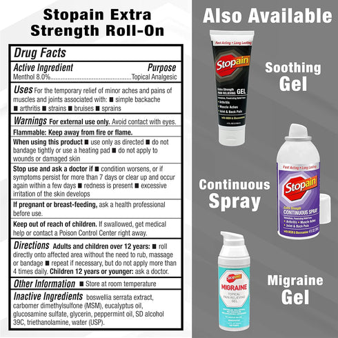 Stopain Pain Relief Roll On Gel 3oz (2 Pack) USA Made, Max Strength Fast Acting with MSM, Glucosamine, Menthol for Arthritis, Lower Back, Knee, Ne...