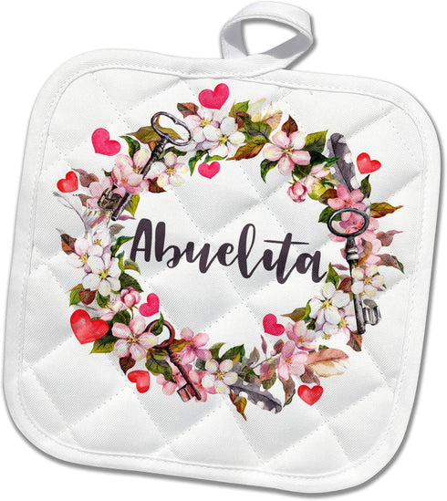 8x8 Potholder - Abuelita Flowers Heart and Keys Wreath Design S.Heller and Kids -Grandmother...
