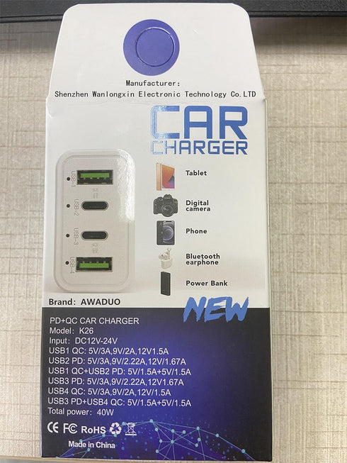 USB C Car Charger Fast Charging, AWADUO 40W Cigarette Lighter USB Charger,Dual Type C PD 20W Compatible with iPhone/Samsung, Dual USB-A 18W QC3.0 ...