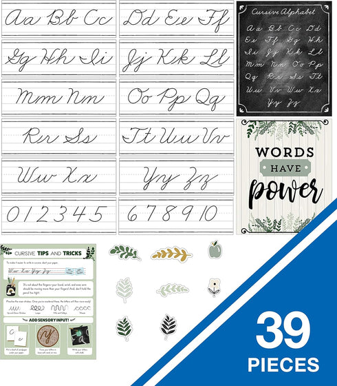 Carson Dellosa 39-Piece Farmhouse Cursive Alphabet and Number Line Bulletin Board Set, Cursive Alphabet Wall Strip and Number Line, Cursive Classr...
