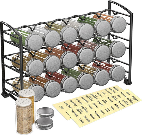 Deco Brothers Spice Rack Stand holder with 18 Bottles and 48 Labels, Black...