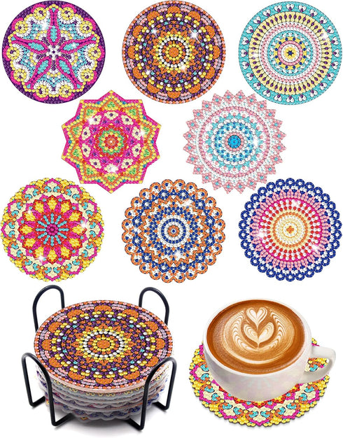 Benvo 8 Pcs Diamond Painting Coasters Kit Mandala Cup Coasters DIY Diamond Art Kits with Diamond Painting Pens, Holders, Cork Base for Beginners A...