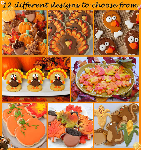 8PCS Large Fall Thanksgiving Cookie Cutter Set - Turkey, Pumpkin, Maple/Oak/Teardrop Leaf, Squirrel and Acorn...