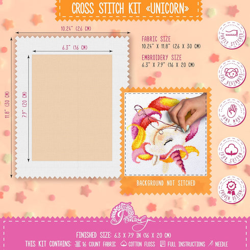 Povitrulya Counted Cross Stitch Kit 'Unicorn' - Embroidery Set with Pre-Sorted Cotton Floss, 14 Count Aida Fabric, Paper Pattern, DIY Gift for a G...