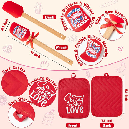 R HORSE Bridal Shower Gift Set - 3Pcs Red Bridal Shower Pot Holder with Silicone Spatula Greeting Card Heat Resistant Oven Mitts Kitchen Baking Gi...