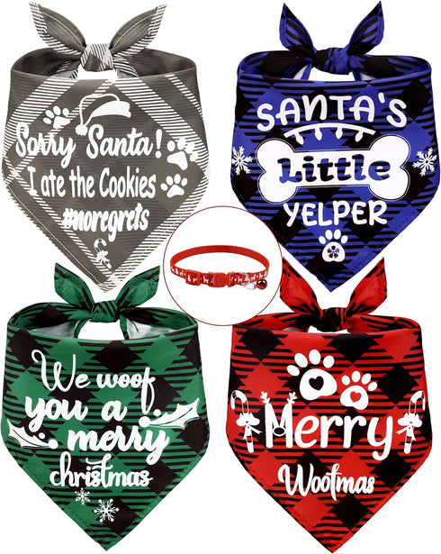 4PCS Christmas Dog Bandanas + 1PCS Xmas Collar, Puppy Accessories Scarf Bulk for Cat...