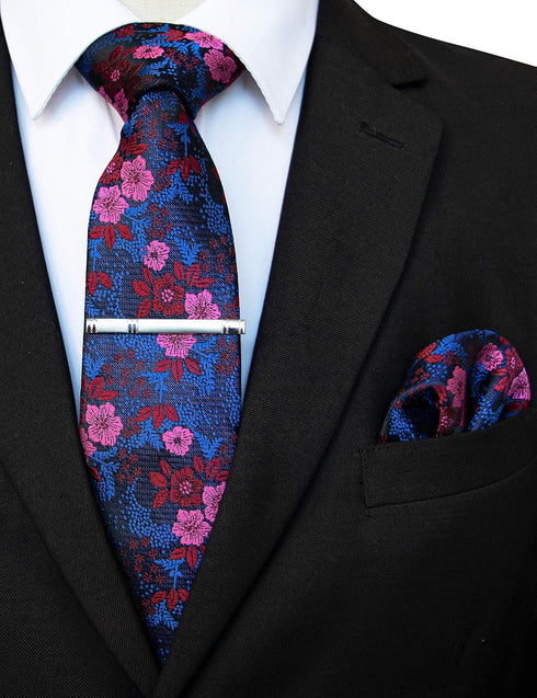 JEMYGINS Floral Necktie and Pocket Square Tie Clip Sets for Men...