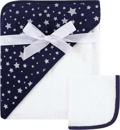 Hudson Baby Unisex Baby Cotton Hooded Towel and Washcloth, Navy Silver Star, One Size...