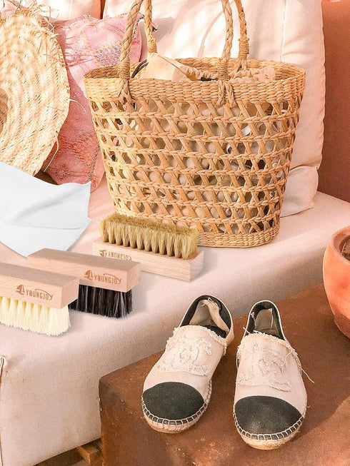 YoungJoy 3 Pieces Dual Sided Sneaker Shoe Cleaner Brush Set Shoes Clean Brush Kit Both Boar and Plastic Bristles with Microfiber Cloth (B)...