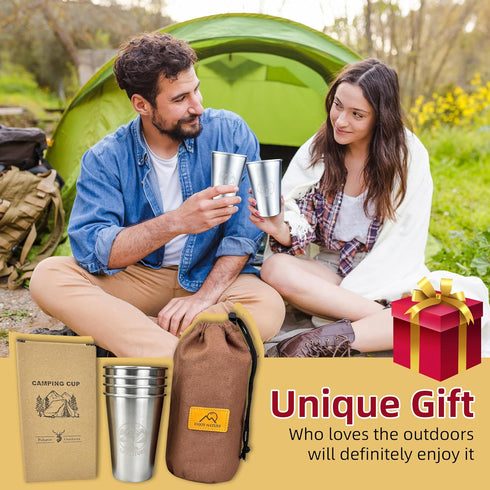 Camping Cup 16oz (4 Pack) Camping Gift for Him Father Stackable Metal Mug Pint Cup 18/8 Stainless Steel Cup for Outdoor Picnic Hiking Fishing Surf...