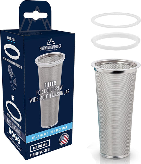 Cold Brew Filter for Mason Jar Wide Mouth Coffee Maker, UPGRADED Stainless Steel Mesh with 2 Silicone Seals (1 Quart 32 Ounces)...