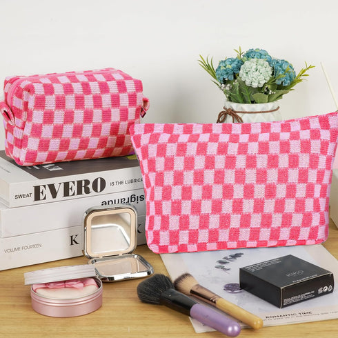 2-Pack Makeup Bag For Women - Large Checkered Knitted Cosmetic Bags&Small Makeup Pouch Aesthetic Design Travel Toiletry Bag Skincare Bag Car Stora...