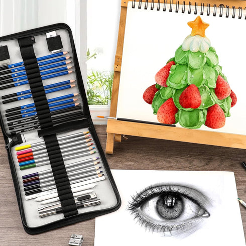 KALOUR Sketching Coloring Art Set - 38 Pieces Drawing Kit with Sketch Pencils,Watercolor Pencils,Charcoal,Brush,Eraser -Portable Zippered Travel C...