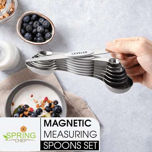 Spring Chef White Stainless Steel Magnetic Measuring Spoons Set of 8 with Leveler, Dual Sided Metal Teaspoon & Tablespoon Measuring Spoons, Fits i...