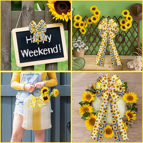 Whaline 6 Rolls Sunflower Wired Edge Ribbon 30 Yards 2.5 Inch Buffalo Plaids Flower Truck Fabric Ribbon Spring Summer Floral Decorative Craft Ribb...