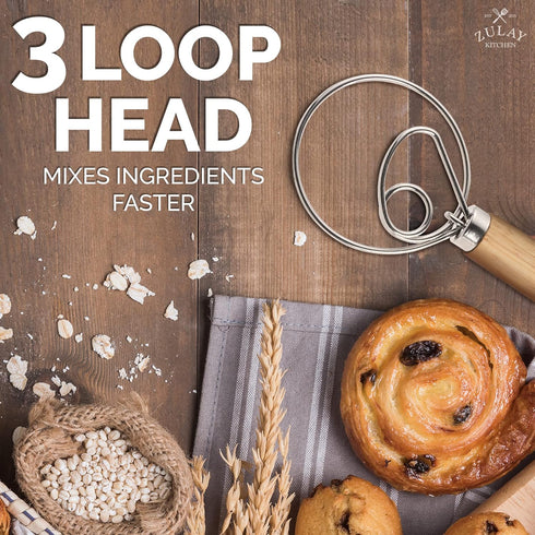 Zulay Kitchen 13-Inch Danish Dough Whisk - Wooden Danish Whisk for Dough with Stainless Steel Dough Hook - Traditional Dutch Whisk - Bread Whisk f...