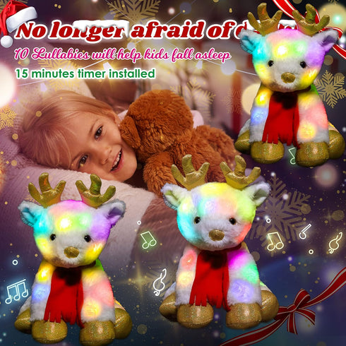 Cuteoy White Reindeer LED Musical Stuffed Animal Light-up Singing Plush Elf Adjustable Volume Lullaby Plushies Birthday Christmas Toy Gifts for Ki...