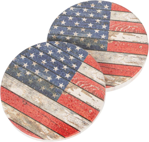 American Flag Distressed Wood Look 2.75 x 2.75 Absorbent Ceramic Car Coasters Pack of 2...