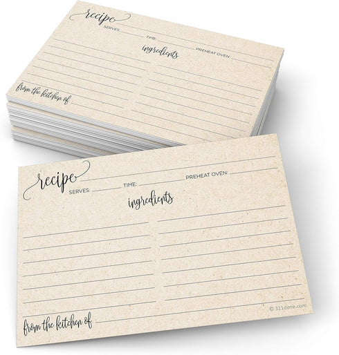 321Done Recipe Cards Modern Rustic Kraft Tan with From the Kitchen Of (Set of 50) 4" x 6" - Minimalist, Large Double-Sided for Weddings, Bridal Sh...