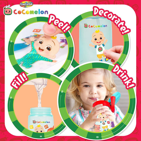 Creative Kids Cocomelon Decorate Your Own Water Bottle BPA Free with 4 Sheets of Stickers - Leak-Proof, Pop-Up Spout Cover - Easy to Grip School o...