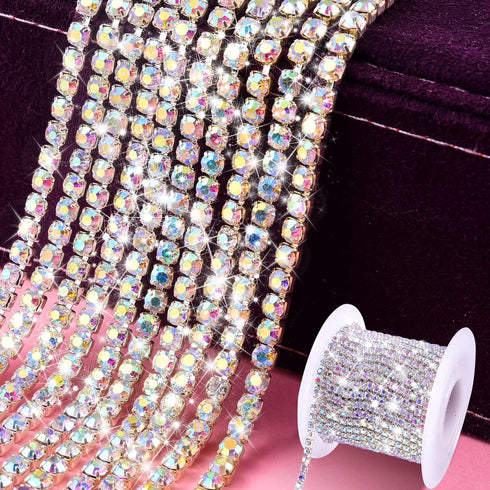 Blinginbox Rhinestones Chain 10 Yards SS8/2.5mm Crystal AB Glass Sew On Rhinestones Cup Chain with Silver Bottom Sew On Trim (SS8-2.5mm, Crystal A...