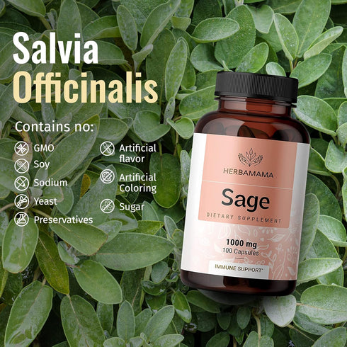 HERBAMAMA Sage Capsules - 1000 mg, 100 Capsules - Salvia Officinalis Supplement Promoting Brain Function, Immunity & Digestive Wellness - Vegan, N...