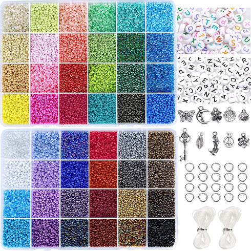 GREENTIME 45000pcs 2mm Seed Beads for Jewelry Making Kit Small Beads 11/0 Rainbow Beads with Letter Beads, Jump Rings & Charms Pendants for DIY Cr...