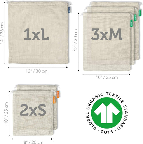 6 Reusable Produce Bags Grocery Washable | Organic Cotton Mesh Produce Bags | Double-Stitched & Tare Weigh | Mesh bags for vegetables | Cotton Pro...