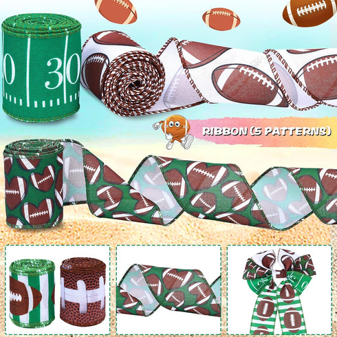 5 Rolls Football Wired Edge Ribbon 2.5 Inches x 25 Yard Rugby Ball Ribbon Gridiron Wired Ribbon for Sport Team Party Decor Gift Wrapping Decor Hai...