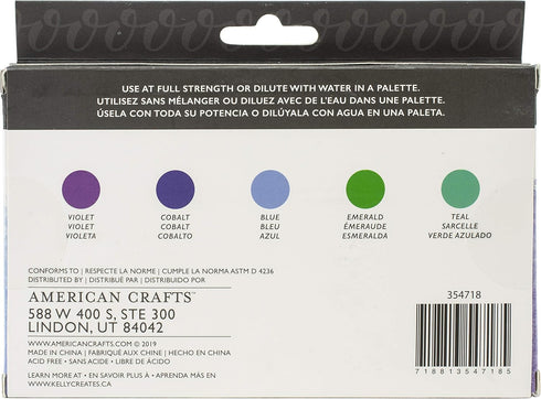 American Crafts Kelly Creates Watercolor, 5 Package: Violet, Cobalt, Blue, Emerald, Teal...