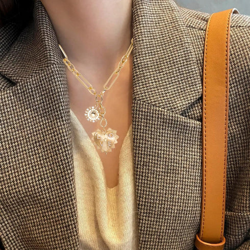 Sun Heart Charm Choker Necklace for Women Men,18k Gold Plated With Zircons Inlaid Pendants,Thick Chunky Paperclip Chain Hip Hop Necklace Unisex Je...