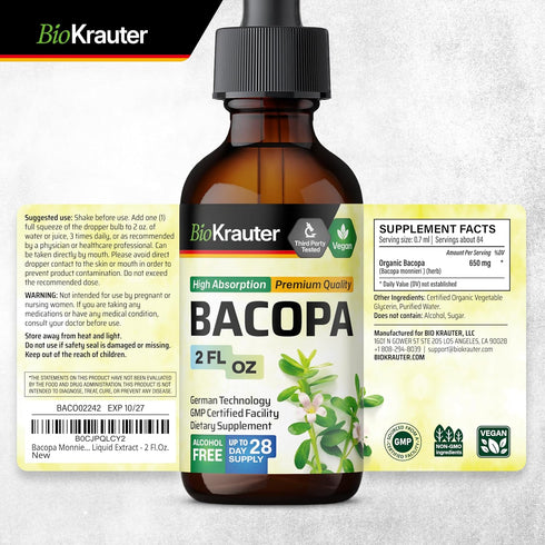 Bacopa Monnieri Organic Tincture - Cognitive Health Support Liquid Supplement - Organic Bacopa Herbal Extract - Alcohol & Sugar Free Vegan Drops 2...
