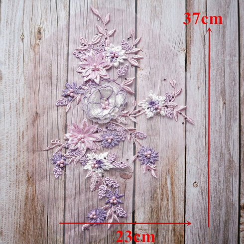 Lace Fabric 3D Flowers Appliques Beads Rhinestones Embroidery Sew Patch for DIY Wedding Decoration Dress (Pink+Purple)...