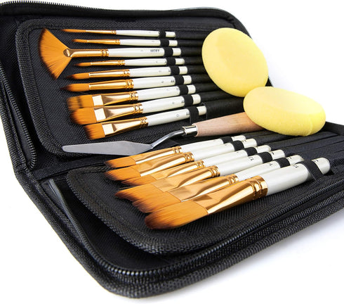 ARTIFY 15 Pieces Paint Brush Set, Intermediate Series, Includes Pop-Up Carrying Case with Palette Knife and 2 Sponges, for Acrylic, Oil, Watercolo...