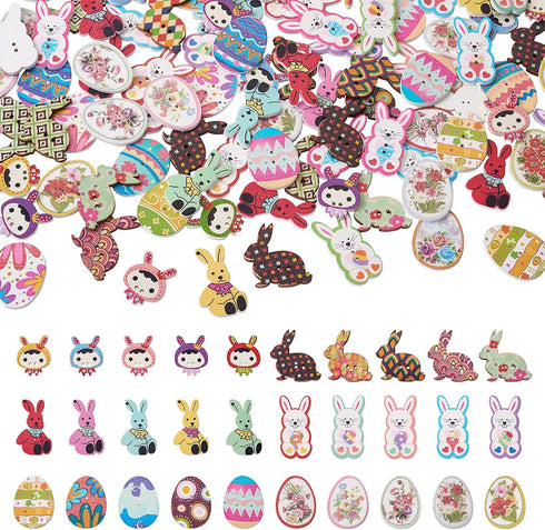 Pandahall 210pcs Wooden Easter Buttons 2 Hole Eggs Bunny Girls Bear Painting Buttons Decorative Sewing Buttons for Party Decorations Sewing Scrapb...