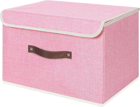 ANMINY Storage Bin with Lid Storage Boxes with PU Leather Handles PP Plastic Board Decorative Foldable Lidded Cotton Linen Fabric Home Cubes Baske...