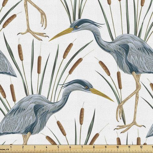Lunarable Swamp Fabric by The Yard, Blue Grey Heron Birds and Bulrush Water Foliage Growth Wilderness Tropical Lands, Decorative Fabric for Uphols...