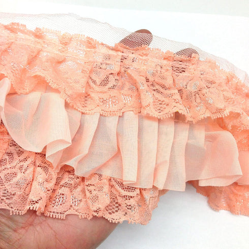 PEPPERLONELY 1 Yard Peach Color Fabric 3-layer Pleated Lace Edge Trim Gathered Mesh Chiffon Ribbon...