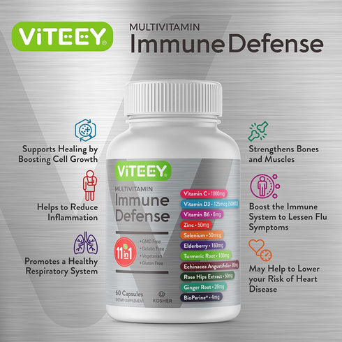11 in 1 Multivitamin Immune Defense Supplement - Immune Booster Capsules for Adults - Vitamin C, Vitamin D3, Vitamin B6, Zinc, Elderberry, Echinac...