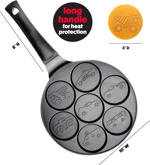 Car & Truck Mini Pancake Pan - Make 7 Unique Flapjack Cars, Nonstick Pan Cake Maker Griddle w Long Handle for Breakfast Fun & Easy Cleanup, Unique...