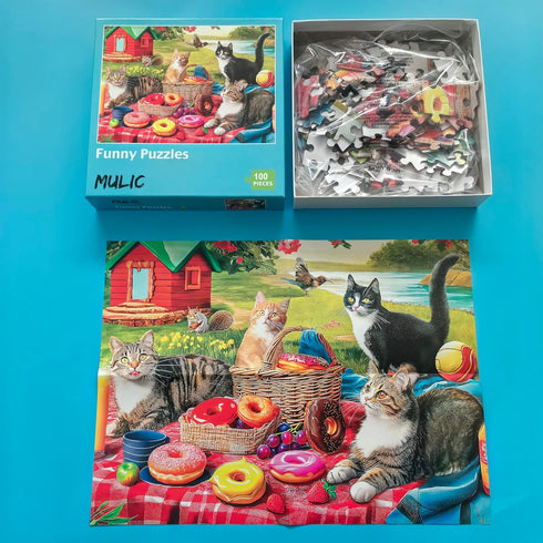 100 Pieces Jigsaw Puzzles for Adults - Cat Puzzles for Kids Ages 6-8 8-10 10-12 - Picnic Kittens and Donuts...